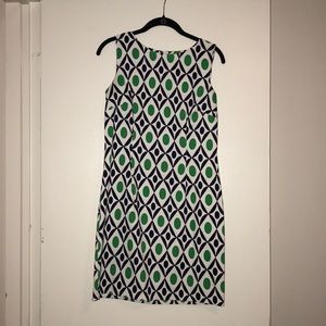 Green, navy, and white print dress